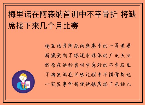 梅里诺在阿森纳首训中不幸骨折 将缺席接下来几个月比赛